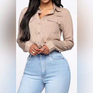 Fashion Nova Taupe Button-Down Shirt